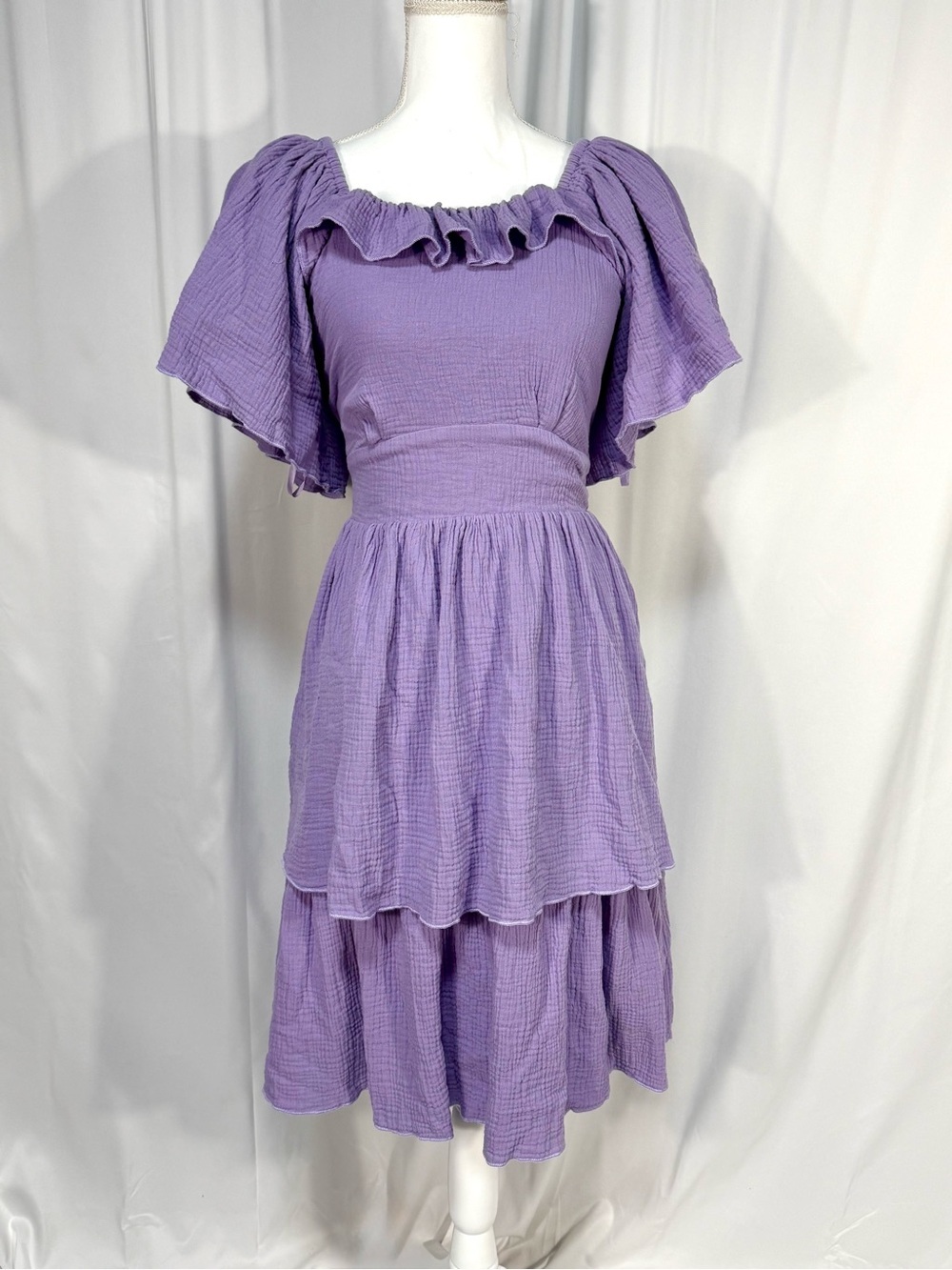 Ivy City Co Lavender Purple Cotton Gauze Tiered Cottagecore Midi Dress M